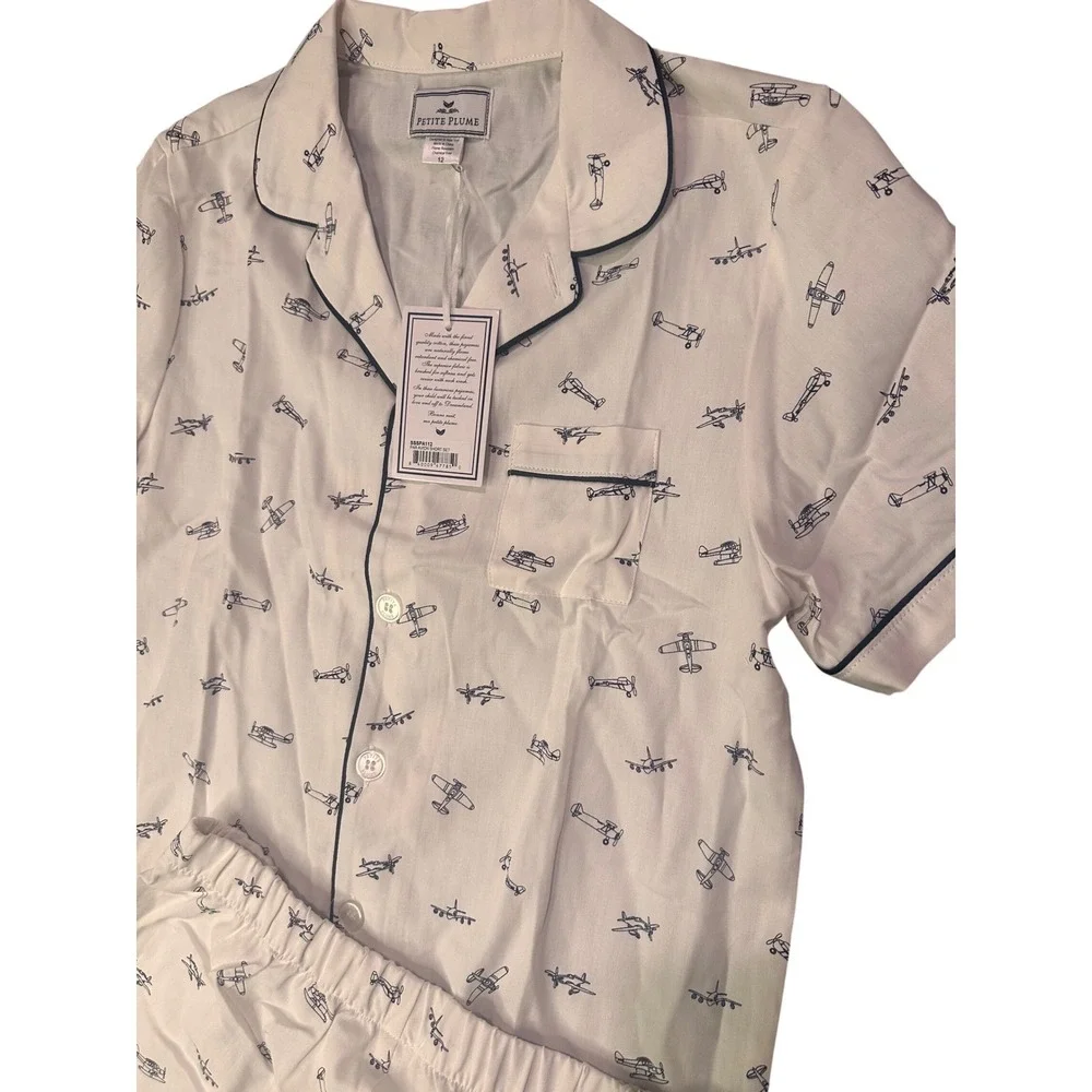 Petite Plume Boys Par Avion Short Pajama Set White Airplane‎ Print Size 12 NWT